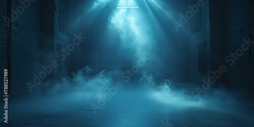 empty dark stage with spotlights   fog and smoke in the air  for opera performance. Stage lighting. Empty stage with bright colors backdrop decoration. Entertainment. empty theater stage with light  