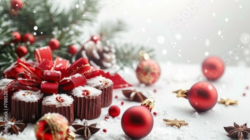A beautiful Christmas background with a decorated Christmas tree, presents and ornaments on a snowy ground.