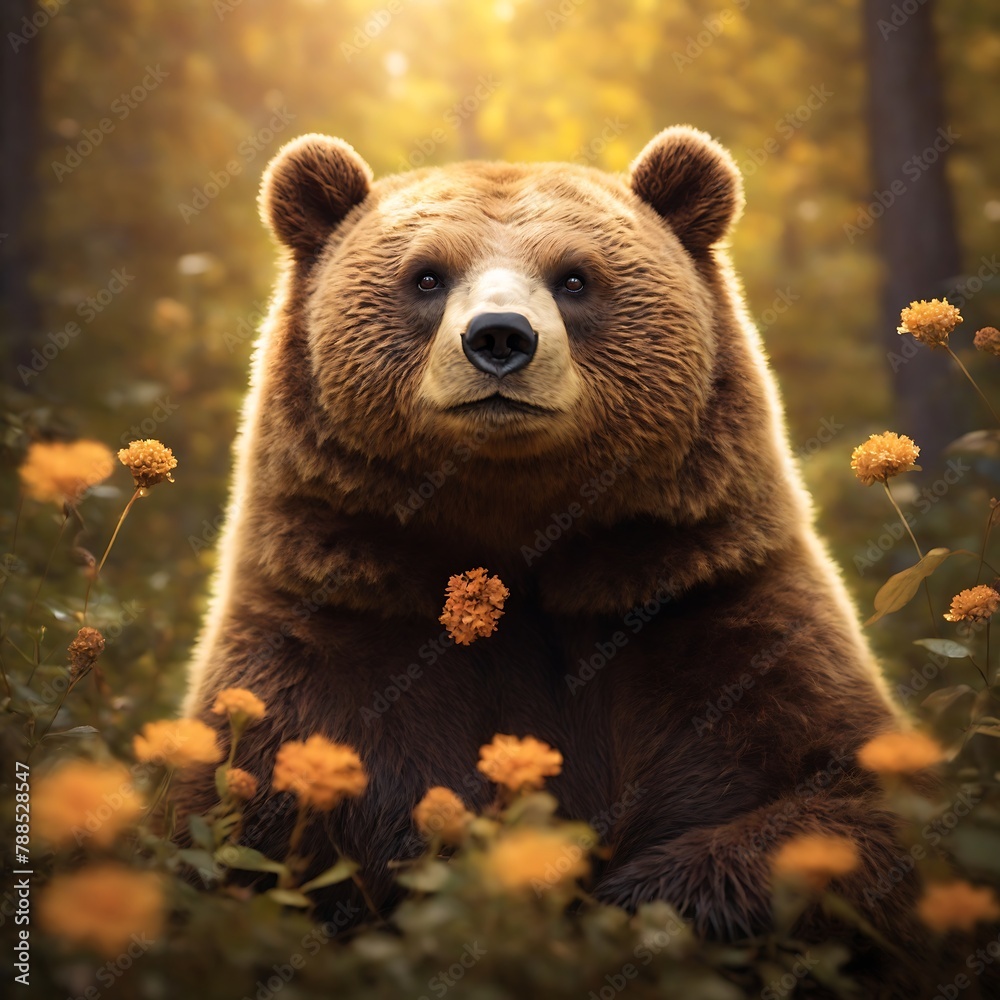 Fototapeta premium A cute bear sitting under a tree in sunshine