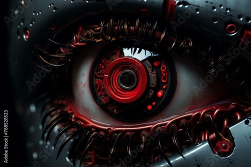 Piercing Robot red eyes. Face skull metal. Generate Ai