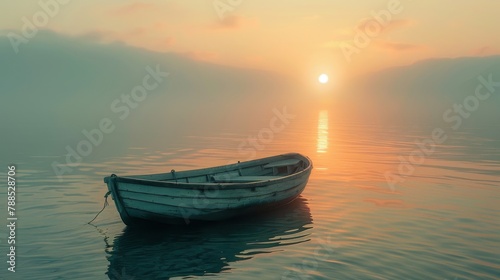 A wooden rowboat sits on a still lake at sunrise. © Pornarun