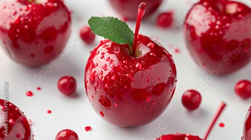 Red apples covered in a red glaze with water droplets on white background photo