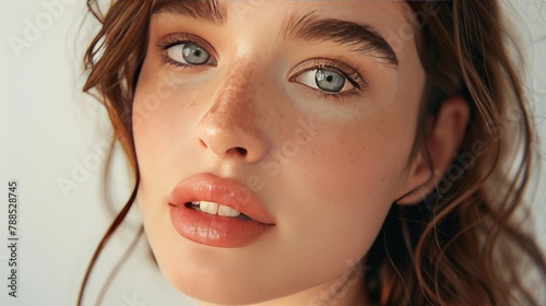 A beautiful young woman with freckles and blue eyes is looking at the camera.