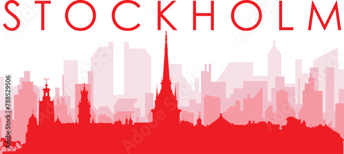 Red panoramic city skyline poster with reddish misty transparent background buildings of STOCKHOLM  SWEDEN
