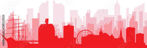 Red panoramic city skyline poster with reddish misty transparent background buildings of GOTHENBURG  SWEDEN