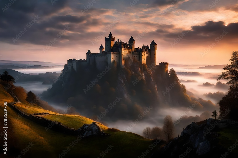 the mystique of an ethereal castle at dawn, shrouded in mist, perched on a hill overlooking a tranquil valley.