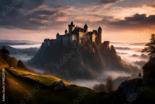the mystique of an ethereal castle at dawn, shrouded in mist, perched on a hill overlooking a tranquil valley. photo