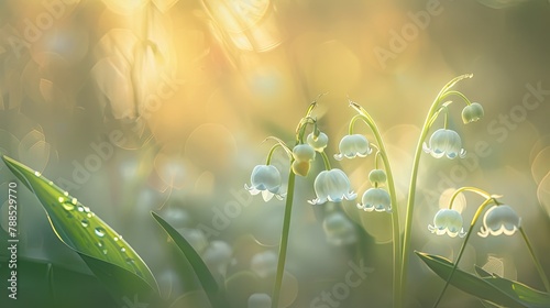 Delicate white lilies of the valley bloom gracefully in the early morning light