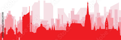 Red panoramic city skyline poster with reddish misty transparent background buildings of VIENNA  AUSTRIA