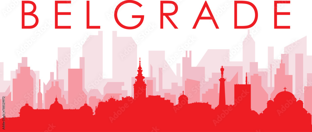 Red panoramic city skyline poster with reddish misty transparent background buildings of BELGRADE, SERBIA