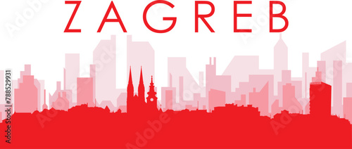 Red panoramic city skyline poster with reddish misty transparent background buildings of ZAGREB  CROATIA