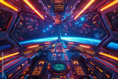 Spaceship cockpit overlooking galaxy from pilot's perspective with neon lights.