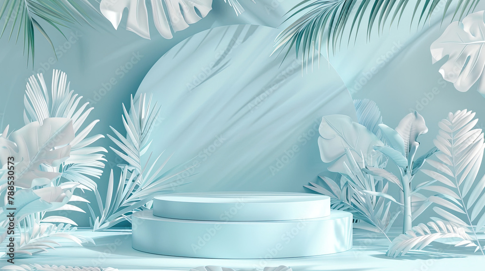 Round Podium on Pink Background with Tropical Leaves Round Podium on Pink Background with Tropical Leaves