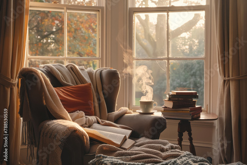 peaceful reading nook with classic books and steaming coffee in rustic home setting