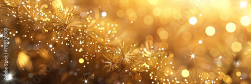 golden lbokeh ight background, New Year background with fireworks and bokeh lights, abstract glitter lights. gold orange defocused light. banner