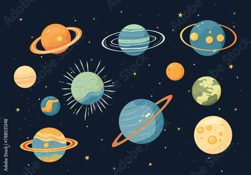 Colorful and vibrant vector illustration of various planets in the solar system set against a dark starry background