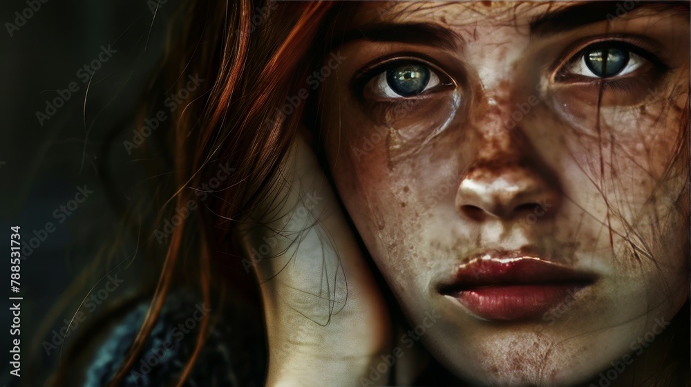A girl with red hair and freckles is looking at the camera. She has a serious expression on her face