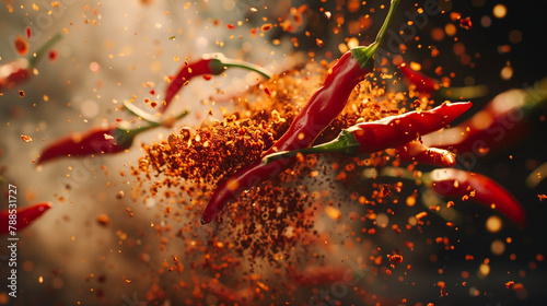 chili pepper burning pepper with falling pieces, BBQ spicy food