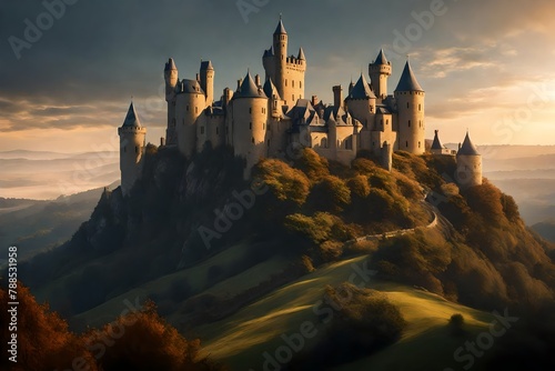 the grandeur of a hilltop castle  with turrets piercing the sky in the soft morning light.