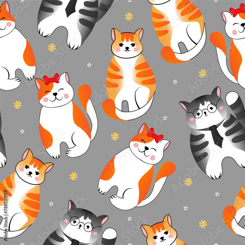 Fotografi Seamless pattern with many different  red, grey cats on grey background