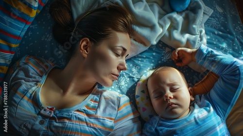 A woman and a baby are sleeping together on a bed. The woman is laying on her back and the baby is laying on her chest. The scene is peaceful and comforting, as the mother and child are close together photo