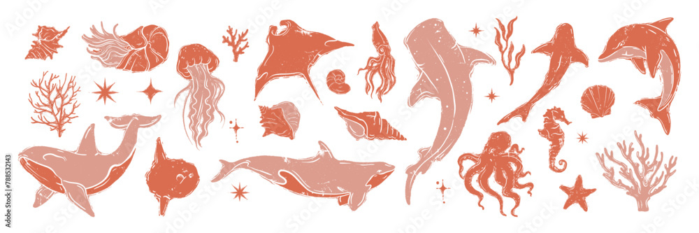 Ocean animal linocut set, vector whale grunge print, woodcut stamp, wild sea mammal silhouette. Summer marine retro collection, hand drawn underwater shark, coral, stingray. Ocean animal illustration - obrazy, fototapety, plakaty 