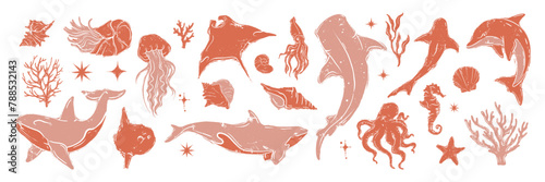 Ocean animal linocut set, vector whale grunge print, woodcut stamp, wild sea mammal silhouette. Summer marine retro collection, hand drawn underwater shark, coral, stingray. Ocean animal illustration © Oleksandra