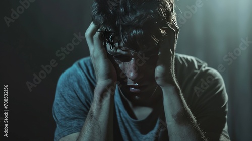 A man is sitting on a couch with his head in his hands. He looks sad and is frowning