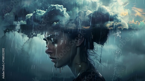 A woman with a rain cloud on her head photo