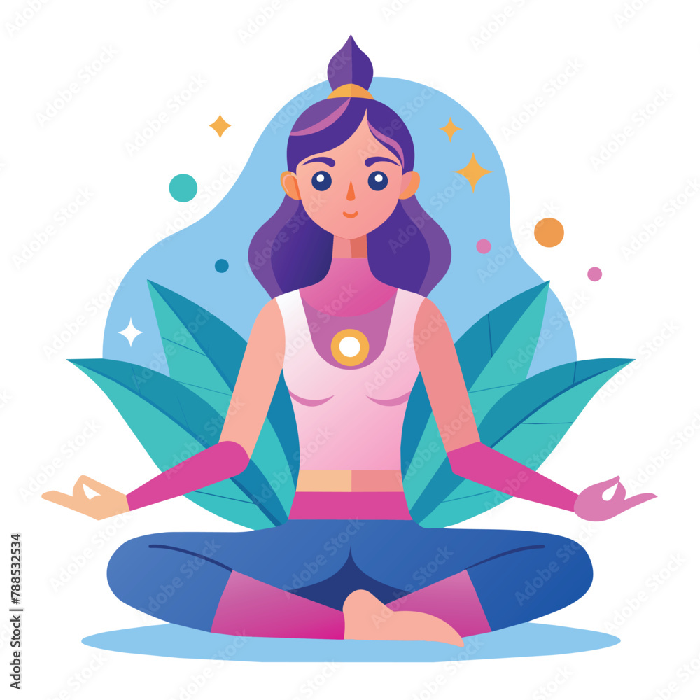 Yoga woman is sitting cross legged with her hands on her knees. She is smiling and she is in a relaxed state