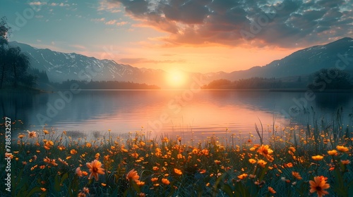 Tranquil Sunrise Over Lake and Flowers photo