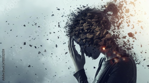 A woman is shown with her head in her hands, surrounded by a cloud of debris. Concept of chaos and destruction, as if the woman is in the midst of a disaster or a traumatic event photo