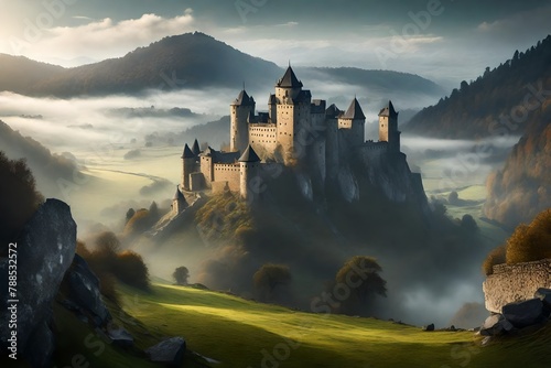 a picturesque castle scene in a misty valley, where ancient stones tell tales of history. photo
