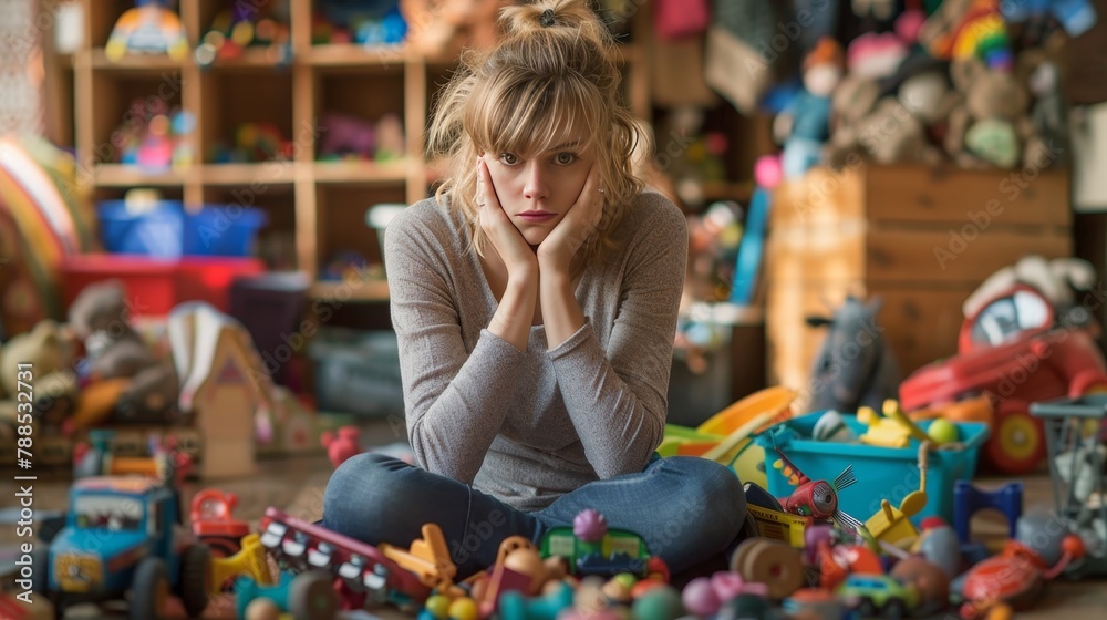 A woman sits on the floor in a messy room with toys scattered around her. She looks sad and defeated A woman sits on the floor in a messy room with toys scattered around her. She looks sad and defeated