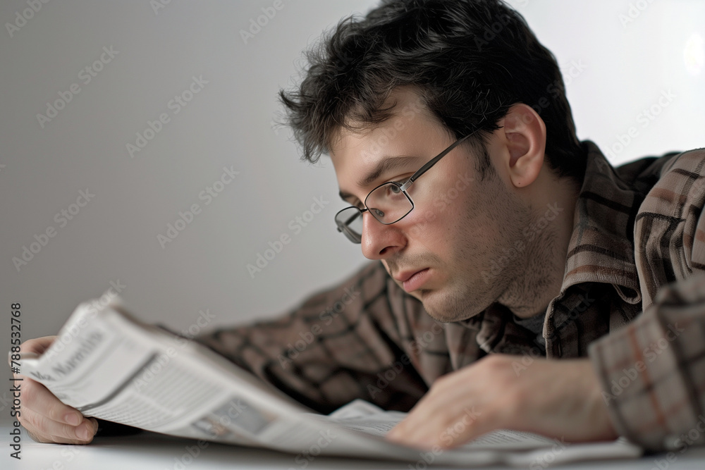 crisp close-up photograph capturing a man engrossed in reading a newspaper on a table, against a clean white background, portraying a moment of relaxation and contemplation. crisp close-up photograph capturing a man engrossed in reading a newspaper on a table, against a clean white background, portraying a moment of relaxation and contemplation.