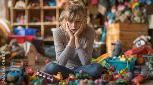 A woman sits on the floor in a messy room with toys scattered around her. She looks sad and defeated