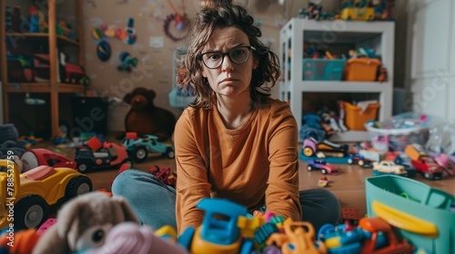 A woman sits on the floor in a messy room with toys scattered around her. She looks sad and defeated photo