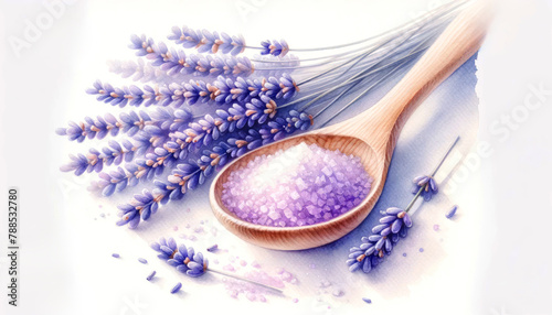 Top view of a wooden spoon with lavender salt and bouquet on white background