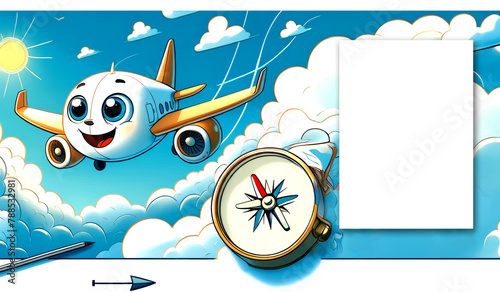 Laughing plane on its way to holiday. White sheet of paper for making holiday notes.