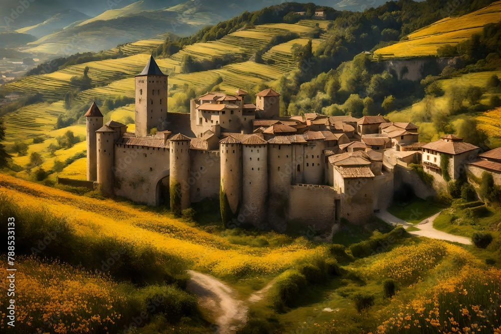 Evoke the charm of a medieval citadel in a sunlit valley, surrounded by blooming flowers, capturing the essence of a bygone era.