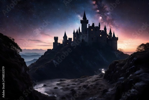 the elegance of a cosmic castle at twilight, silhouetted against the canvas of a star-studded sky in a distant galaxy.