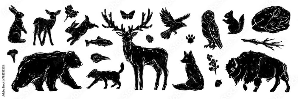 Fototapeta premium Linocut forest animal set, vector wildlife silhouette nature grunge engraving print collection. Vintage woodcut mammals, grisly bear, deer antlers, fox, rabbit, owl stamp. Boho linocut animal outline