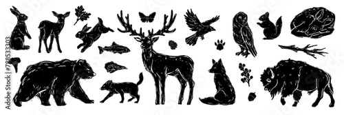 Linocut forest animal set, vector wildlife silhouette nature grunge engraving print collection. Vintage woodcut mammals, grisly bear, deer antlers, fox, rabbit, owl stamp. Boho linocut animal outline