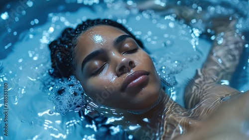 A young woman feels peaceful and relaxed as she gets a spa treatment in a jacuzzi 