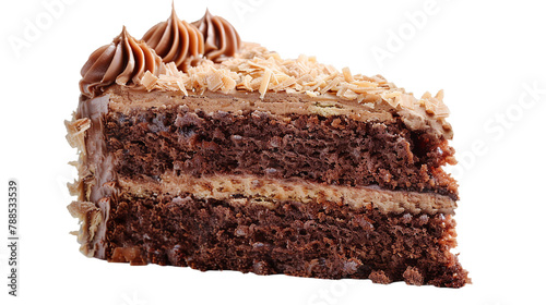 Tempting German Chocolate Cake Slice on Transparent Background, Perfect for Bakery Menus and Sweet Celebrations, Irresistible Gourmet Dessert for Indulgence and Delight