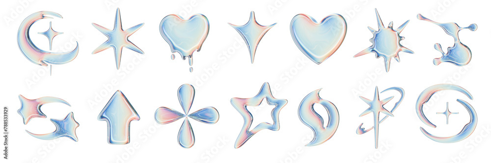 © Oleksandra - 3D y2k star holographic icon set glossy futuristic abstract space shape neon cosmic design elements. Liquid retro galaxy symbol collection cute gradient cyber creative sign. 3D star  fluid shiny forms
