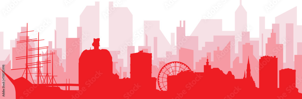 Red panoramic city skyline poster with reddish misty transparent background buildings of GOTHENBURG, SWEDEN