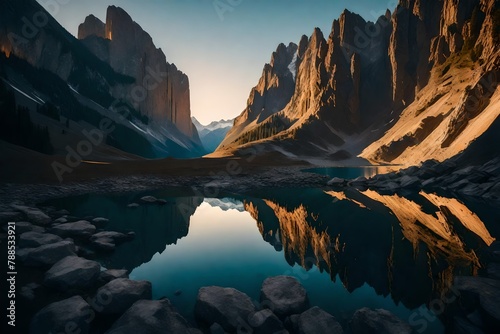 a celestial citadel mirrored in a crystal-clear lake, its grandeur reflected as the sun sets behind distant mountains.