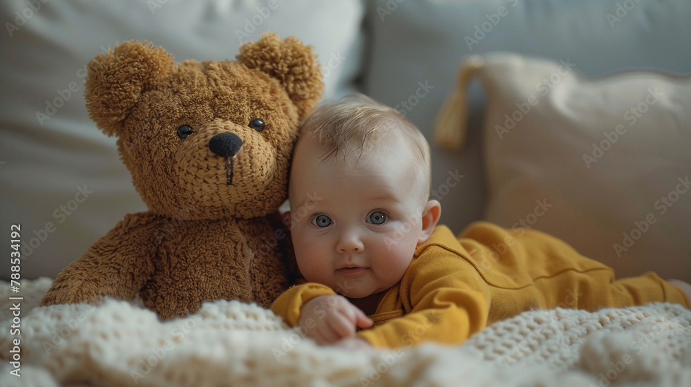 Innocent giggles filling the air as a baby plays with a soft teddy bear companion.