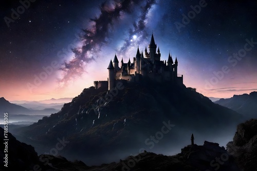 the elegance of a cosmic castle at twilight, silhouetted against the canvas of a star-studded sky in a distant galaxy.